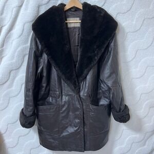 Donna Pelle Vintage Leather Coat Fur Trimmed Mobwife Women's M Brown Winter Warm